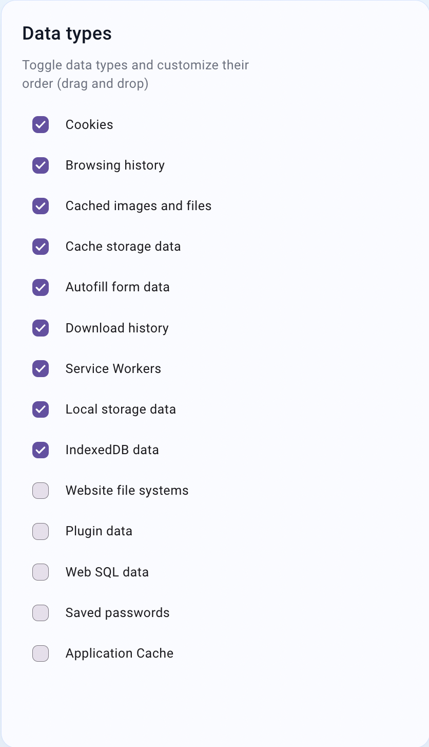 FreshWipe data types settings with Cookies, Browsing history, Cached images, and more toggles