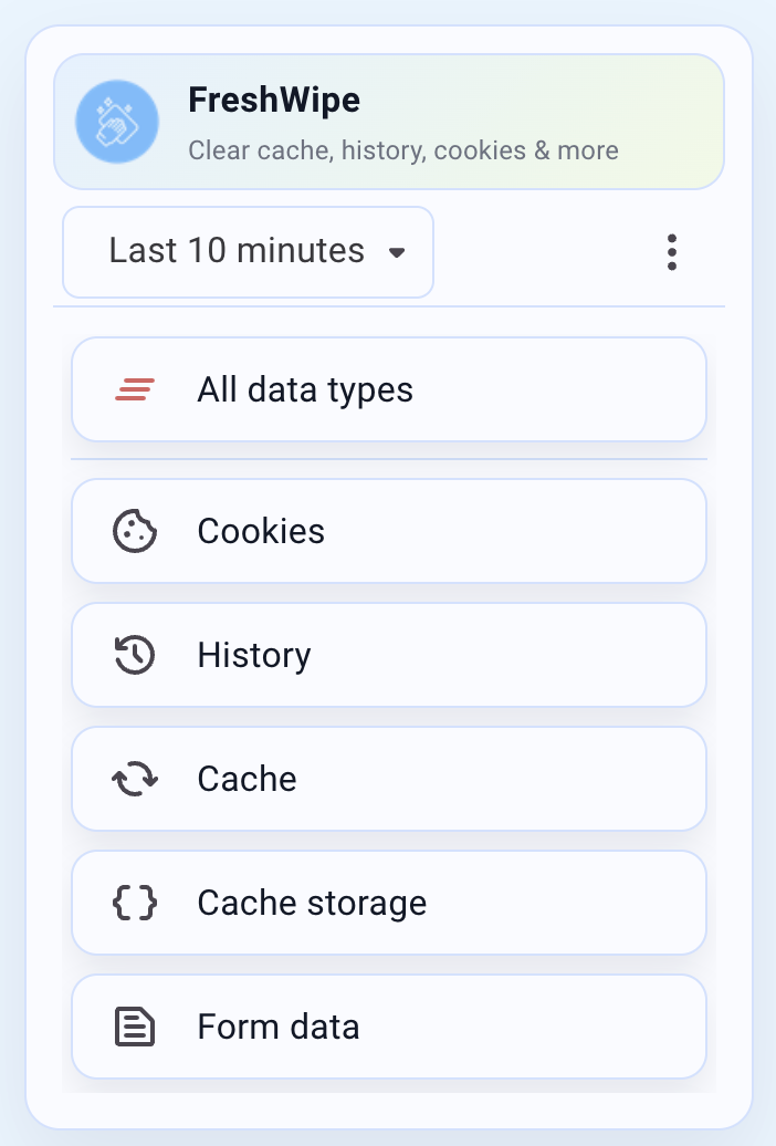 FreshWipe extension popup showing data type selection including All data types, Cookies, History, Cache, and more